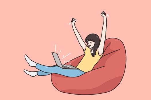 Celebrating win, technologies, positive emotions concept. Portrait of attractive cheerful excited girl sitting in chair using laptop celebrating win over pink background vector illustration