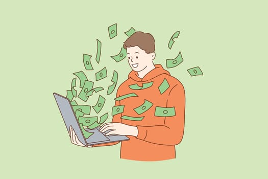 Making money in internet concept. Smiling young man cartoon character standing winning plenty of money in social media on laptop feeling happy vector illustration