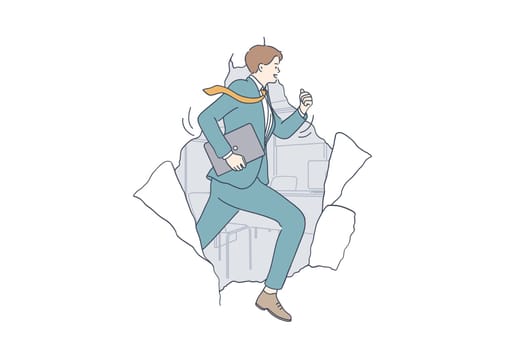 Success, achieving goals, business leadership concept. Young smiling businessman running making breakthrough paper hole achieving targets at work in career and business illustration