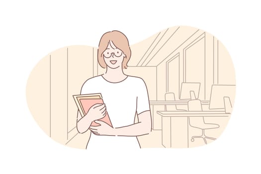 Business woman, student, clerk in office, advertising concept. Young businesswoman, girl clerk or manager company employee stands with documents, reports folder in office. Business advertising. Vector