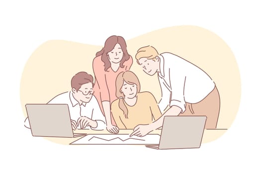 Meeting, coworking, teamwork, analysis, business concept. Team of business people businessmen women partners collaborate together. Office meeting. Coworking, analysis, planning strategy.