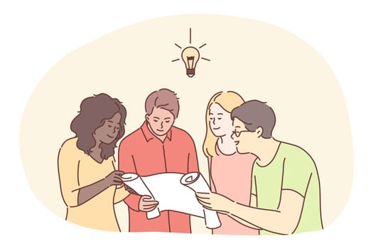 Teamwork, cooperation, business, analysis, meeting, discussion concept. Collective idea creation and brainstorming. Team of businessmen women clerks managers coworkers negotiating working in office.