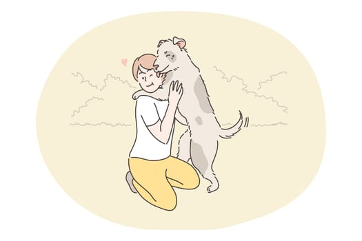 Recreation, resting, play, pet, embrace, friendship, love, devotion, childhood concept. Boy child kid hugging happy dog domestic animal in public park outside. Summertime leisure activity illustration