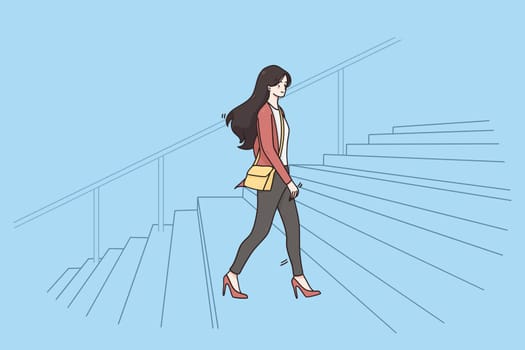 New opportunities, business success, office concept. Young smiling business woman walking up ladder feeling confident going to office vector illustration