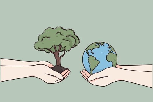 International day of charity and donation concept. Two human hands carefully holding green tree with ground and earth globe over green environment background vector illustration