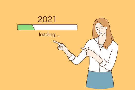 Anticipation, Waiting for better 2021 New year concept. Joyful young pretty woman pointing with finger at 2021 downloading process over yellow background awaiting for better news vector illustration