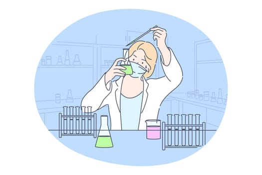 Science, chemistry, coronavirus, experiment concept. Young happy woman scholar medical lab worker makes chemical reaction in laboratory. Scientific test academic research or vaccine covid19 creation.