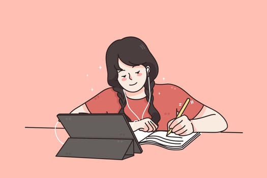 Distance and e-learning education from home concept. Young smiling girl in headphones making notes during online lesson from home on laptop vector illustration