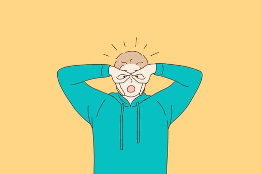 Losing mind, facial expression, weird behaviour concept. Young man in green hoodie feeling crazy covering eyes with fingers as glasses over yellow background vector illustration