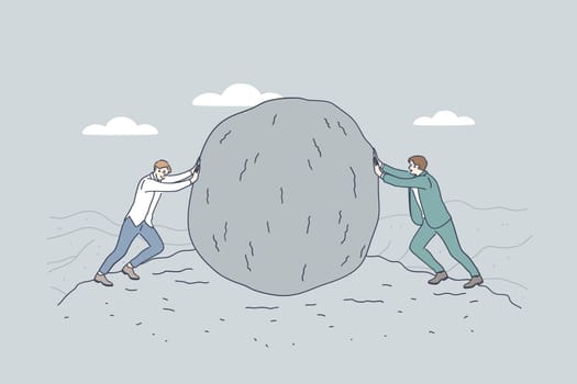 Business competition, rivalry, opponents concept. Two businessmen or politicians cartoon characters pushing huge stone against each other to eliminate from competition and business war conflict