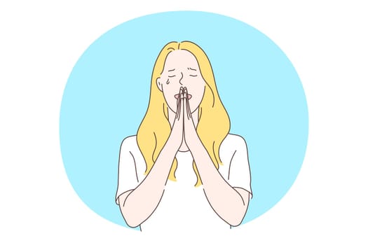 Grief, Depression, tragedy concept. Young unhappy female cartoon character standing with hands crossed in praying and crying of feeling depressed with something vector illustration