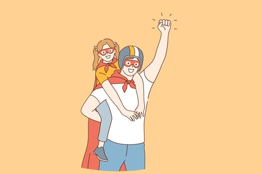 Happy childhood and parenthood, father and daughter concept. Smiling happy daughter girl and father in masks and coats pretending to be superheroes at home during playing game together illustration