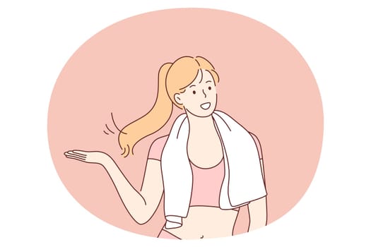 Sport, healthy lifestyle, good shape concept. Young happy slim woman cartoon character with towel on shoulders standing feeling cheerful after sports workout in gym or at home vector illustration