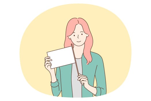 Demonstration, flag, mockup for text concept. Young smiling woman cartoon character standing holding white flag with copy space for text template in hands for announcement vector illustration