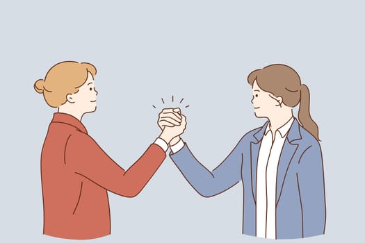 Handshaking, Business partnership, agreement concept. Businesswomen doing arm wrestling and celebrating cooperation collaboration in business together vector illustration