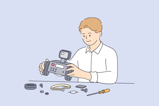 Robotics technology intelligence learning concept. Smiling child boy building robot copyspace constructor engineering playing childhood kids hobby leisure vector illustration