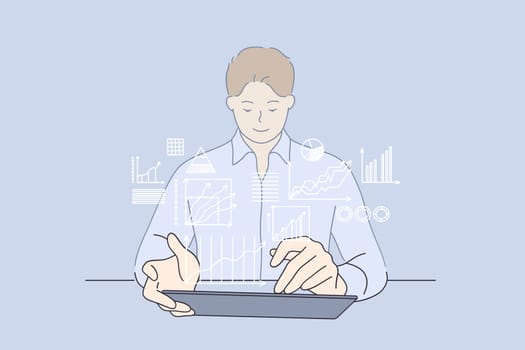Development strategy, working, business analyse concept. Young smiling businessman cartoon character sitting working on laptop computer with digital layer business strategy and social media diagram