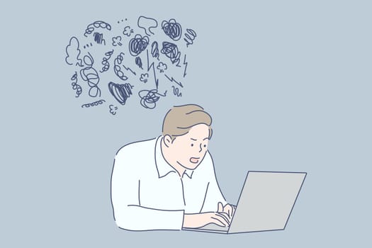 Work, stress, frustration, depression business concept. Young frustrated upset businessman clerk or manager, depressed boy freelancer works on laptop and having mental stress. Work pressure, overload.