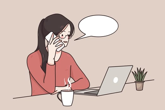 Online working, communication, remote work concept. Young smiling woman cartoon character working online talking on phone and looking at laptop at table with cup of coffee illustration