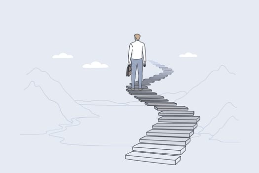 Success, leadership, achieving goal concept. Back of businessman standing on ladder forward and looking ahead for new possibilities and development vector illustration