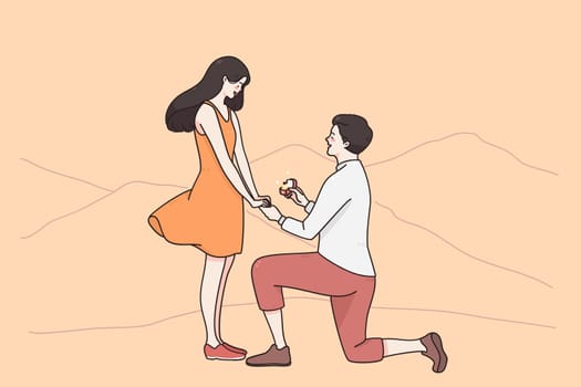Proposal, engagement, dating concept. Man sitting on knee holding box with ring and making proposal to beloved woman on natural landscape outdoors vector illustration