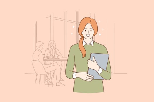 Successful office worker businesswoman concept. Portrait of smiling young business woman worker standing with laptop over colleagues at background looking at camera illustration