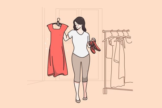 Hard choice and fitting room concept. Stylish young woman cartoon character smiling holding red dress and shoes posing in dressing room vector illustration
