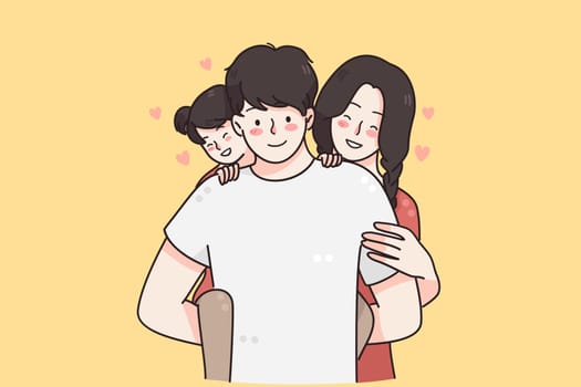 Happy family with children concept. Young smiling parents mother and father family standing with small daughter behind feeling love and happiness vector illustration