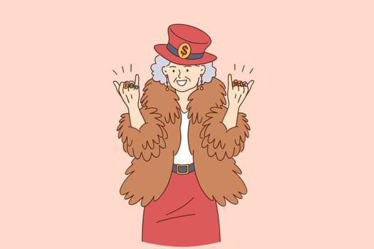 Stylish funny elderly people concept. Happy Grandmother in hipster coat hat with rings on fingers cartoon character standing feeling cool and positive lifestyle vector illustration