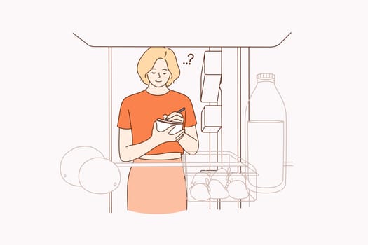 Forming shopping list for supermarket concept. Young smiling woman standing checking refrigerator and making shopping list before going to grocery store vector illustration