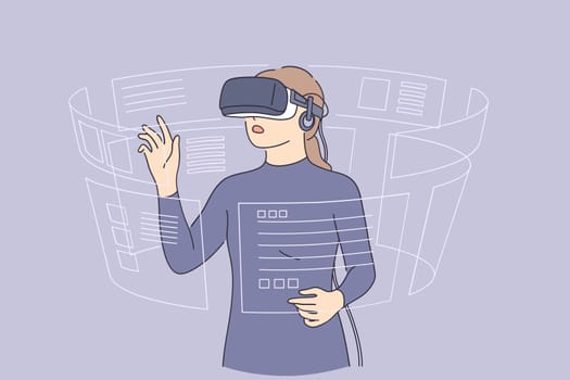 Virtual reality and high technologies concept. young woman wearing 3d glasses playing with virtual reality touching air with fingers vector illustration