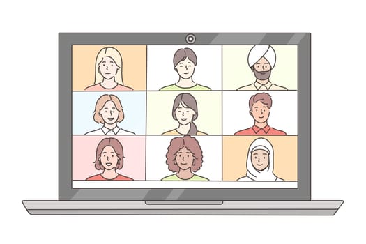 Meeting, online, business concept. People multiracial african american arab muslim businessmen women characters on laptop. Conference video call and remote project management or working from home.
