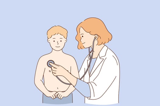 Pediatrician during work concept. Young positive woman pediatrician doctor examining small boy patient with stethoscope during visit vector illustration