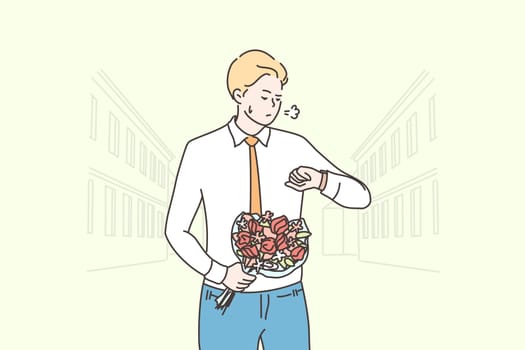 Romance, dating, delay concept. Young unhappy man boyfriend character with flower bouquet waiting on street and checking time. Anxiety on getting late girlfriend or fail romantic meeting illustration.