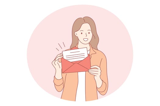 Letter, postcard, invitation concept. Young happy woman cartoon character standing holding open envelope with letter invitation or personal sale for holiday letter vector illustration