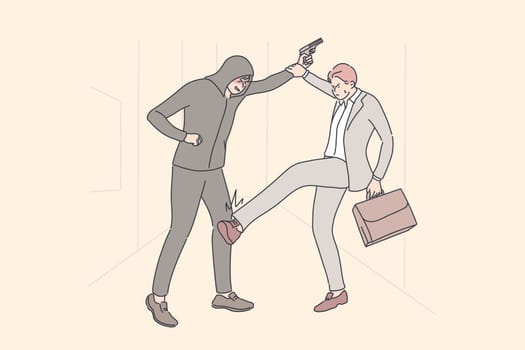 Business, robbery, fight concept. Cartoon characters young businessman clerk manager with suitcase fighting against robber with gun. Struggle for life and phyical agression or violence illustration.