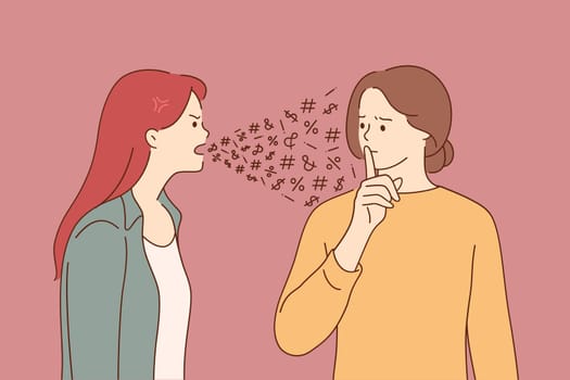 Mental problems, disorder, split personality concept. Angry young woman cartoon character screaming at another her personality with finger on lips gesture meaning silence with negative emotion