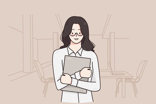 Office worker, businesswoman, career concept. Young smiling pretty woman cartoon character standing holding laptop in hands over office meeting room at background illustration