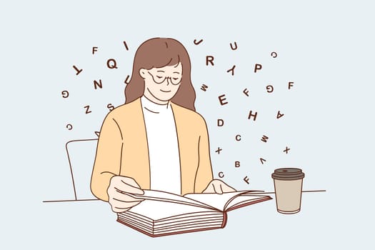 Entertainment relaxation with coffee concept. Young positive woman cartoon character sitting reading book while drinking coffee at table vector illustration