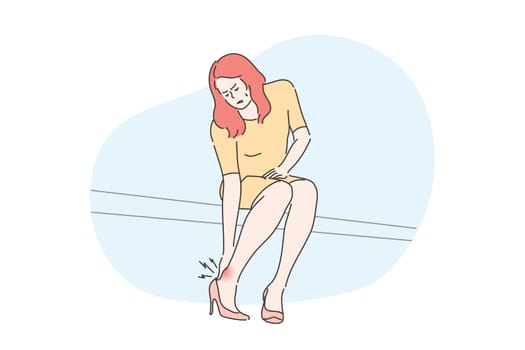 Pain, business, health, care, desease concept. Young unhappy businesswoman manager cartoon character feeling hurt getting corn from shoes. Vein thrombosis varicosity illnesses treatment illustration.
