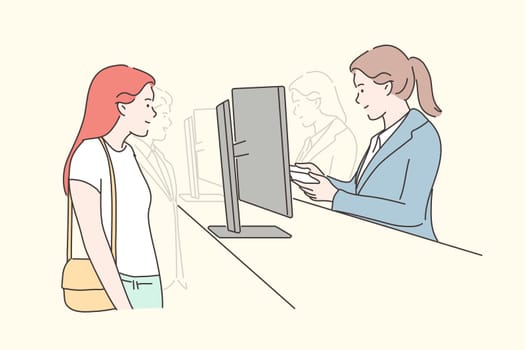 Check, registration concept. Young woman passenger cartoon character standing on passport control desk. Airport security department staff member checking arrival identification documents illustration.