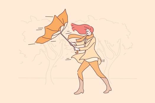 Storm, nature concept. Young unhappy angry woman girl cartoon character holding blowing umbrella on street. Autumn windy bad stormy weather with rain and gusting wind flat vector illustration.