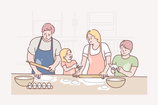 Recreation, cooking, fatherhood, motherhood, childhood concept. Characters young man dad woman mom children kids son daughter baking on kitchen together. Family leisure activity fathers mothers day.