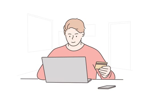 Online, shopping, technology, business concept. Young happy man boy freelancer cartoon character sitting with laptop and holding plastic deposit card. Remote tax payment on lockdown illustration.