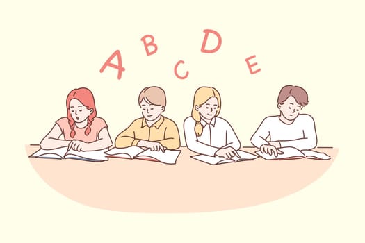Education, reading, childhood concept. Group of cartoon characters children boys girls pupils kids preschoolers sitting together teaching grammar and letters with books. Back to school and knowledge.