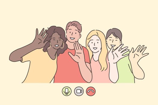 Team, friendship, multiethnicity concept. Multiracial group young chinese african american men women boys girls characters greeting together. Unity in diversity international society illustration.