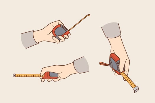 Measuring and making flat improvement concept. Caucasian male hands holding measuring tape ruler for renovating on grey background vector illustration