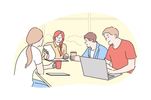 Teamwork, analysis, business, meeting, communication discussion, negotiation concept. Team of businessmen women managers coworkers negotiating sitting in office. Collective thinking and brainstorming.