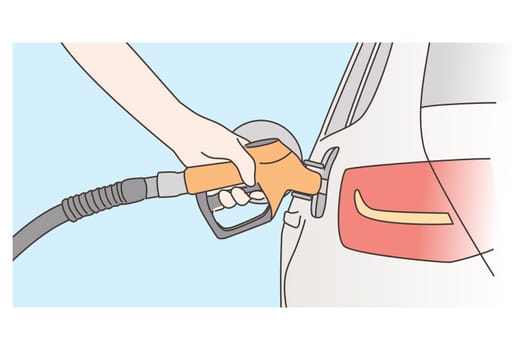 Economy, filling, petrol concept. Human hand refueling car on fuel station or pumping gasoline oil. Service fulfilling gas biodiesel into vehicle tank. Automotive industry transportation illustration.