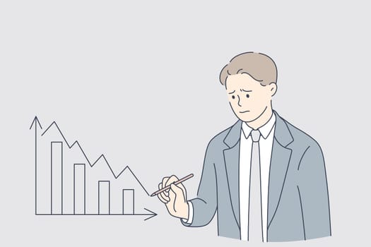 Economical downturn, Debts, bankruptcy concept. Young frustrated businessmen cartoon character writing regressing arrows on board working during great depression times vector illustration